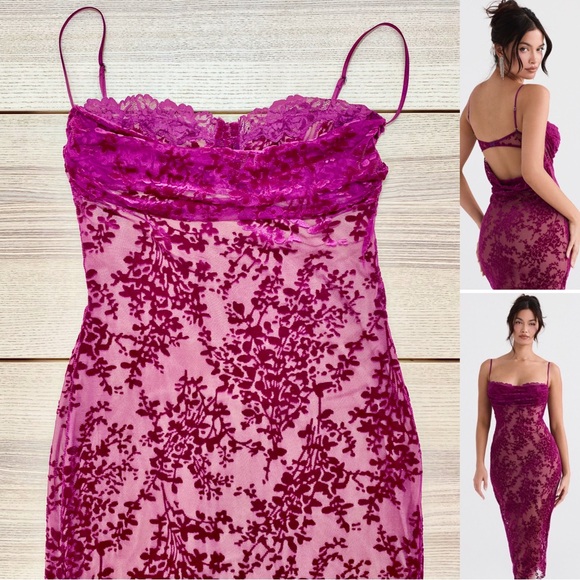 House of CB Ione Cranberry Devore Midi Dress | Size M - Picture 2 of 14